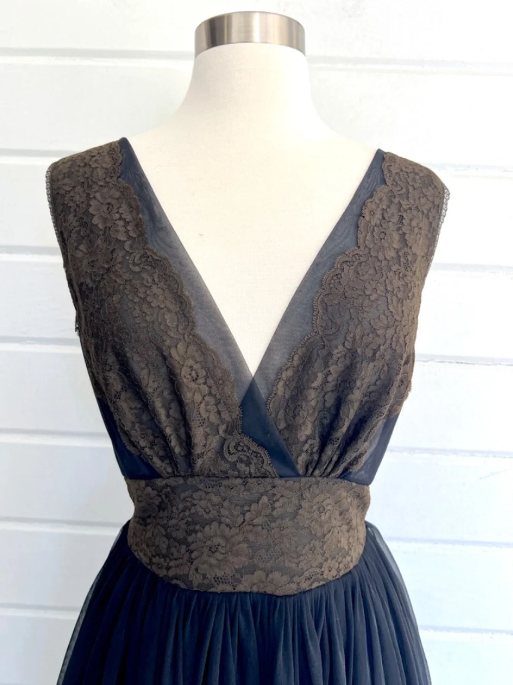 Vintage Sheer Negligee/ Dress with Lace Accent and Tie Waist - Black/Brown - S